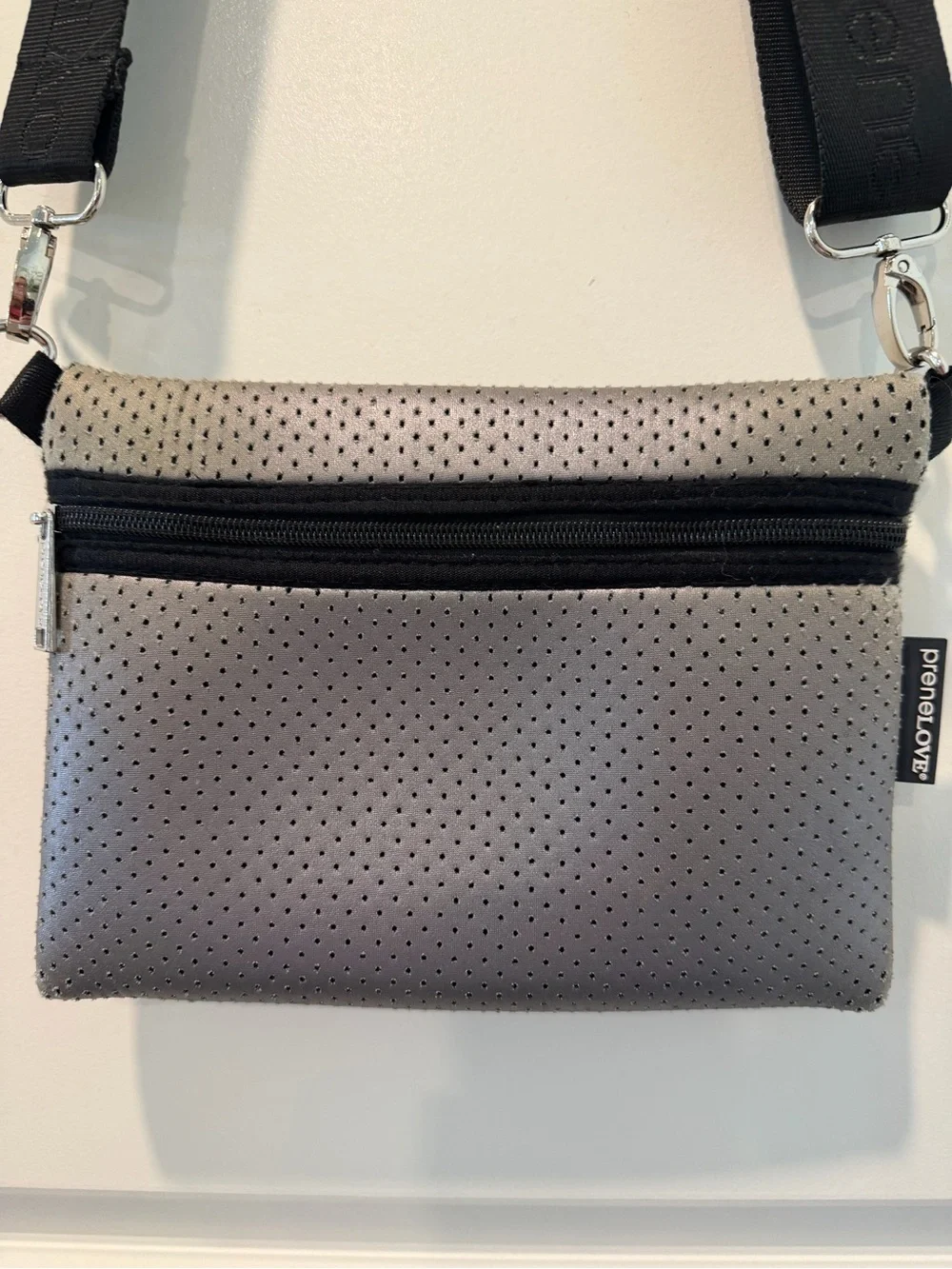 preneLOVE Gray Neoprene Perforated Crossbody Bag Adjustable Strap
